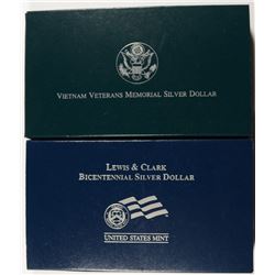 2-PROOF U.S. COMMEM SILVER DOLLARS: 1994 VIETNAM VETS  AND  2004  LEWIS & CLARK