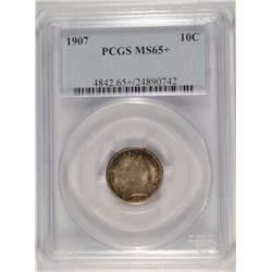 1907 BARBER DIME, PCGS MS-65+