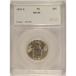 1923-S STANDING LIBERTY QUARTER, SEGS MS-65 BLAST WHITE! FULL HEAD RARE!!