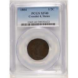 1804 HALF CENT CROSSLET 4 STEMS, PCGS XF-40