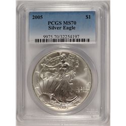 2005 AMERICAN SILVER EAGLE, PCGS MS-70 RARE LISTS IN PCGS PRICE GUIDE AT $700.00