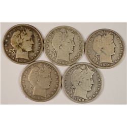 (5) 1900 BARBER HALF DOLLARS