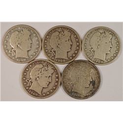 (4) 1908-D  & (1) 1908-O BARBER HALF DOLLARS