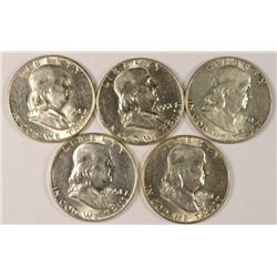 (5) 1951 FRANKLIN HALF DOLLARS AU/SLIDERS