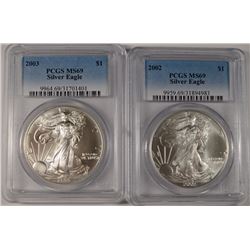 2002 & 2003 AMERICAN SILVER EAGLES, PCGS MS-69