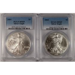2003 & 2004 AMERICAN SILVER EAGLES, PCGS MS-69