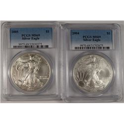 2004 & 2005 AMERICAN SILVER EAGLES, PCGS MS-69