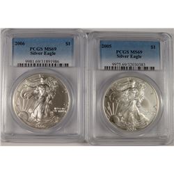 2005 & 2006 AMERICAN SILVER EAGLES, PCGS MS-69