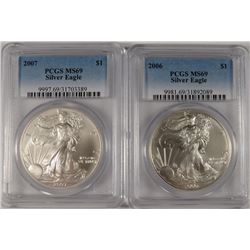 2006 & 2007 AMERICAN SILVER EAGLES, PCGS MS-69