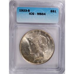 1923-S PEACE SILVER DOLLAR, ICG MS-64