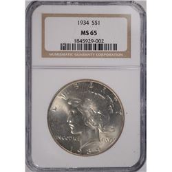 1934 PEACE SILVER DOLLAR, NGC MS-65   UPPER RIGHT CORNER CRACKED ON HOLDER