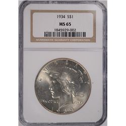 1934 PEACE SILVER DOLLAR, NGC MS-65   UPPER RIGHT CORNER CRACKED ON HOLDER