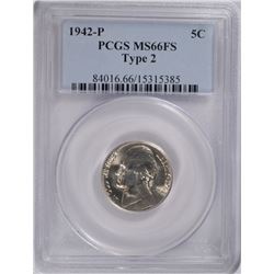 1942-P TYPE 2 SILVER JEFFERSON NICKEL PCGS MS-66 FS