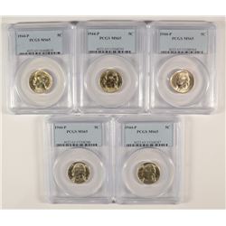 LOT OF ( 5 ) 1944-P SILVER JEFFERSON NICKELS, PCGS MS-65