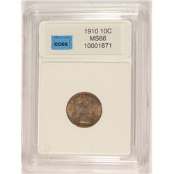 1910 BARBER DIME, CCGS MS-66 SUPER COLORS!