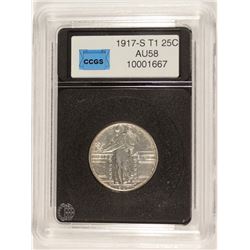 1917-S TYPE-1 STANDING LIBERTY QUARTER, CCGS AU-58