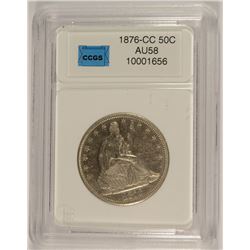 1876-CC SEATED LIBERTY HALF DOLLAR, CCGS AU-58  HIGH DEMAND "CC"  COIN!