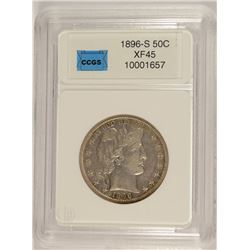 1896-S BARBER HALF DOLLAR, CCGS XF/AU-45 VERY RARE DATE!