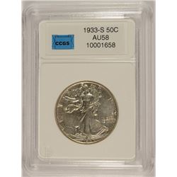 1933-S WALKING LIBERTY HALF DOLLAR, CCGS AU-58  SCARCE