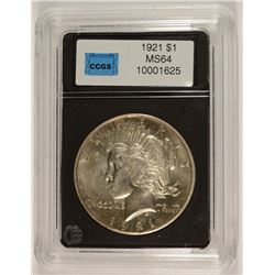 1921 PEACE SILVER DOLLAR, CCGS MS-64  FLASHY!