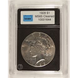 1928 PEACE SILVER DOLLAR, CCGS MS-65 ( cleaned )