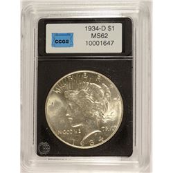1934-D PEACE SILVER DOLLAR, CCGS MS-62 SEMI-KEY
