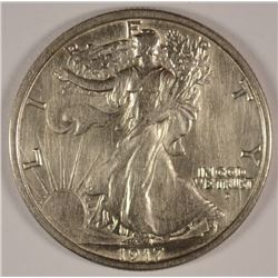 1917-D OBVERSE WALKING LIBERTY HALF DOLLAR, AU-58  RARE COIN!