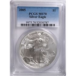 2005 AMERICAN SILVER EAGLE, PCGS MS-70 RARE LISTS IN PCGS PRICE GUIDE AT $700.00