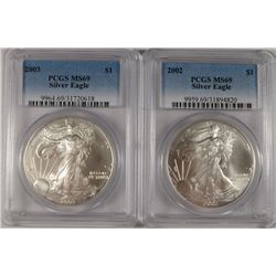 2002 & 2003 AMERICAN SILVER EAGLES, PCGS MS-69