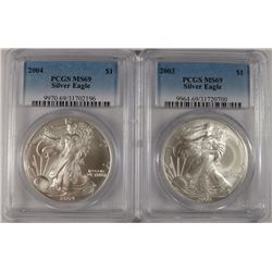 2003 & 2004 AMERICAN SILVER EAGLES, PCGS MS-69