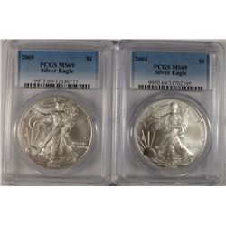 2004 & 2005 AMERICAN SILVER EAGLES, PCGS MS-69