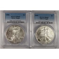 2005 & 2006 AMERICAN SILVER EAGLES, PCGS MS-69