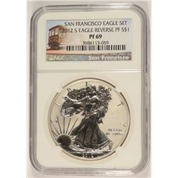 2012-S AMERICAN SILVER EAGLE, REVERSE PROOF, NGC PROOF-69 TROLLEY LABEL