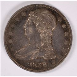 1838 REEDED EDGE HALF DOLLAR, AU  BEAUTIFUL TONING