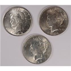 ( 3 ) BU PEACE SILVER DOLLARS: 1923, 1924 & 1925