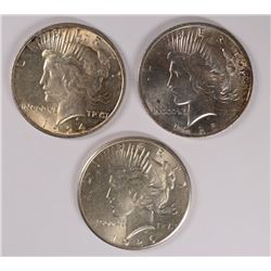 ( 3 ) BU PEACE SILVER DOLLARS: 1923, 1924 & 1926