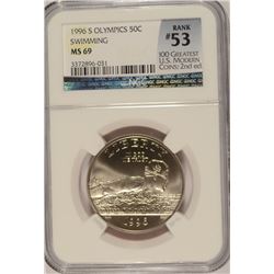 1996-S OLYMPICS COMMEN HALF DOLLAR (SWIMMING) NGC MS-69 (RANK #53 100 GREATEST U