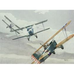 Alfred Owles (American 1894-1978), A Biplane Dog Fight, Signed Alfred Owles l.r., Watercolo...