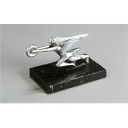 1930 Packard Chrome Plated Hood Ornament, Mounted on a black slate rectangular base. Lacking ra...