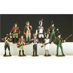 Group of Nine Soldiers, 20th Century, Including seven American Revolution and French riflemen...