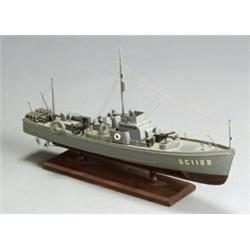 Gray and Maroon Painted Wood Model of a World War II Gunboat, 20th Century, Some repairs and...