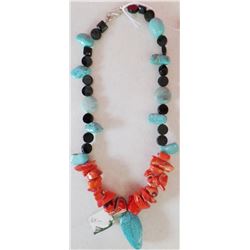 Turquoise and  Coral with Sterling Silver Clasp Necklace