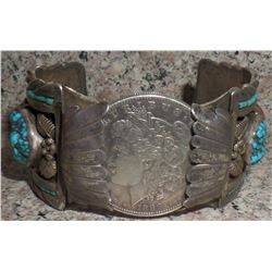 Sterling silver with coral and turquoise watch bracelet and Silver Dollar