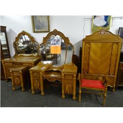 Art Deco Bedroom Set w/Vanity, Armoire, Bed, Dresser & End Table