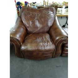 Brown Leather Nail Trim Chair & Ottoman - Shows Wear