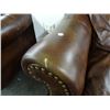 Image 4 : Brown Leather Nail Trim Chair & Ottoman - Shows Wear