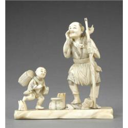 A Japanese ivory carving of a peasant and running boy, - A Japanese ivory carving of a peasant a...