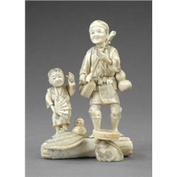 A Japanese ivory carving of an itinerant musician playing a samisen, - A Japanese ivory carving...