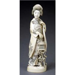 A Japanese ivory figure of a courtly lady, - A Japanese ivory figure of a courtly lady, with a c...