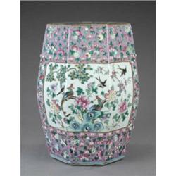 A Cantonese octagonal porcelain barrel shaped garden seat, - A Cantonese octagonal porcelain bar...